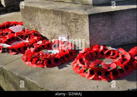 Mohn Kränze niedergelegt am Kriegerdenkmal Stockfoto