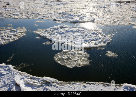 große Teile der schwimmendes Eis am South Saskatchewan River im Winter fließt durch die Innenstadt von Saskatoon Saskatchewan Kanada Stockfoto