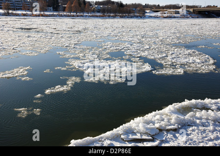 große Teile der schwimmendes Eis am South Saskatchewan River Einfrieren im Winter Saskatoon Saskatchewan Kanada über Stockfoto