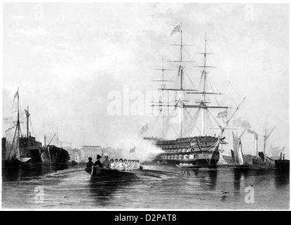Eine Gravur mit dem Titel „Gosport, Flag Ship Saluting“, die in hoher Auflösung von einem Buch aus dem Jahr 1842 gescannt wurde. Für urheberrechtlich frei gehalten. Stockfoto