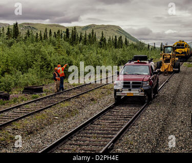 28. Juni 2012 - Denali Borough, Alaska, USA - eine Arbeit-Crew und ihre Ausrüstung auf den Spuren der Alaska Railroad zwischen Denali Nationalpark und Cantwell. Die Eisenbahn ist die bevorzugte Methode des Erreichens dieser legendären Nationalpark erlaubt Reisenden und Touristen einen Blick auf die unberührte schöne Wildnis Alaskas. (Kredit-Bild: © Arnold Drapkin/ZUMAPRESS.com) Stockfoto