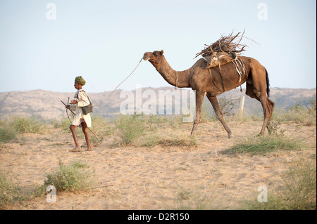 Kamel Herder zu Fuß mit Kamel in Richtung Pushkar Camel Fair Stockfoto
