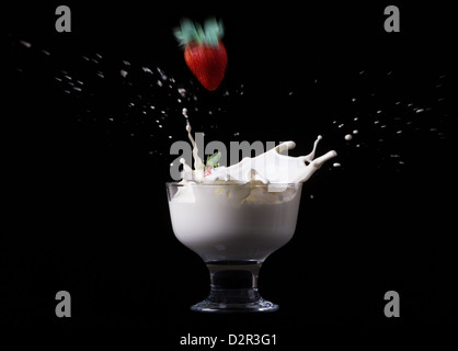 Zwei Erdbeeren fiel in eine Schüssel mit Sahne, einen Spritzer, isoliert gegen einen schwarzen Hintergrund erstellen Stockfoto