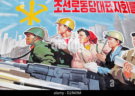 Propagandaplakat, Wonsan Stadt, Demokratische Volksrepublik Korea (DVRK), Nordkorea, Asien Stockfoto