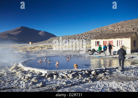 Touristen in heißen Quellen der Termas de Polques auf dem Altiplano, Potosi Department, Bolivien, Südamerika Stockfoto