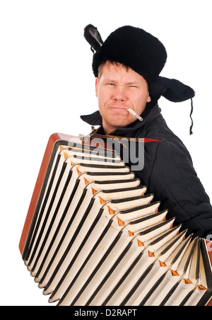 Russe mit accordion,redneck.isolated auf weißem Hintergrund Stockfoto