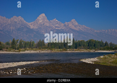 Snake River und Grand Teton Kathedrale Gruppe aus Blacktail Teiche, Grand-Teton-Nationalpark, Wyoming, USA Stockfoto