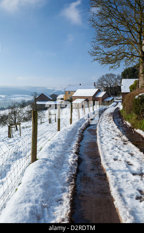 Verschneiten Weg zum Osten Lynch Bauernhof in der Nähe von Selworthy auf Exmoor Stockfoto