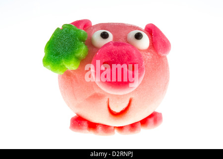 Marzipan Schweinchen, Schwein Gesicht, mit Kleeblatt, Glücksbringer-Symbol. Stockfoto