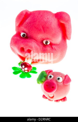 Marzipan Schweinchen, Schwein Gesicht, mit Kleeblatt, Glücksbringer-Symbol. Stockfoto