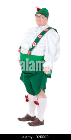 Lustigen dicken Mann tragen deutsche bayerische Tracht, isoliert auf weiss Stockfoto