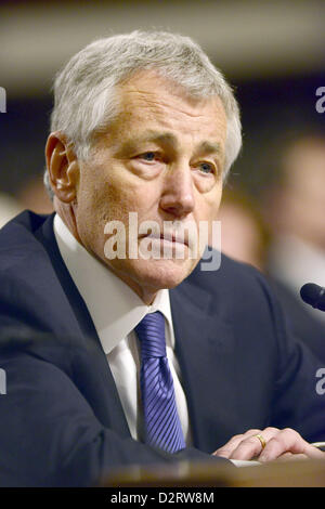 Washington DC, USA. 31. Januar 2013.  Ehemalige US-Senator Chuck Hagel (Republikanische of Nebraska) erscheint ein U.S. Senate Committee on Armed Services unter Berücksichtigung seiner Konfirmation als US-Verteidigungsminister auf dem Capitol Hill in Washington, D.C. auf Donnerstag, 31. Januar 2013 zu hören. (Bild Kredit: Kredit: Ron Sachs/Cnp/Prensa Internacional / ZUMAPRESS. com/Alamy Live News) Stockfoto