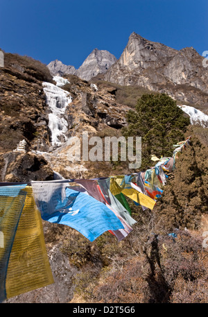 Gebet, Flaggen, Dudh Kosi Tal, Solu Khumbu (Everest) Region, Nepal, Himalaya, Asien Stockfoto