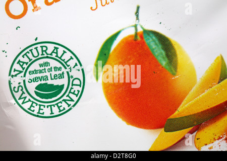 Natürlich gesüßt mit Extrakt aus der Stevia-Blatt - Informationen über Tropicana Trop50 Orange & Mango-Saft trinken Stockfoto