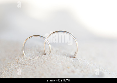 Feier zum Valentinstag am Strand, Ringe auf Schale Stockfoto