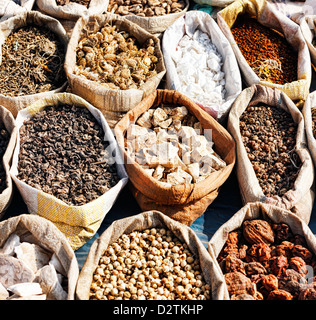 Vielzahl von Gewürzen im lokalen Markt in Pushkar. Rajasthan, Indien, Asien Stockfoto