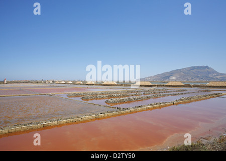 Die Salinen auf der Salzstraße zwischen Trapani und Marsala, Sizilien, Italien Stockfoto