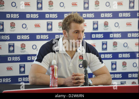 Chris Robshaw (Flanker) anlässlich einer Pressekonferenz am Vorabend der Six Nations Championship und ein Match gegen Schottland Stockfoto