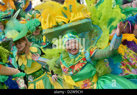 Verkleidete Teilnehmer in der Samba-Karneval Tanz auf dem Marktplatz in Bremen, Deutschland, 2. Februar 2013. Samba-Gruppen aus dem in- und Ausland nehmen an der Karnevalszug Teil. Foto: CARMEN JASPERSEN Stockfoto