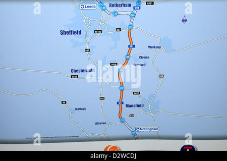 South Normanton, Derbyshire, UK. 2. Februar 2013. Landstraßen Agentur halten Publikumsmesse für verwaltete Autobahn. Der erste Teil dieser Regelung stünde zwischen J28, J31 der Autobahn M1. Stockfoto