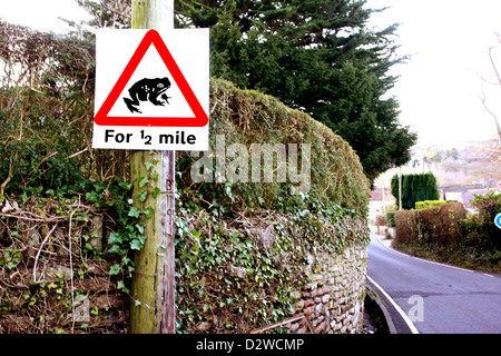 Kröte und Frosch-Warnschild errichtet in Somerset Dorf von Winscombe, Februar 2013 Stockfoto