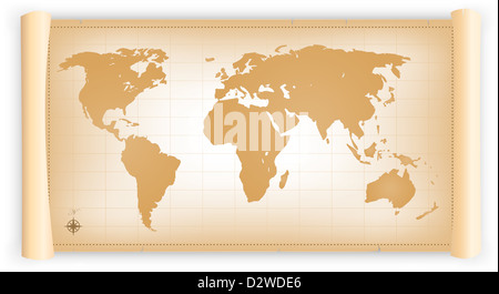 Beispiel für eine alte Welt Planisphäre auf ein altes Pergament-Blättern Stockfoto