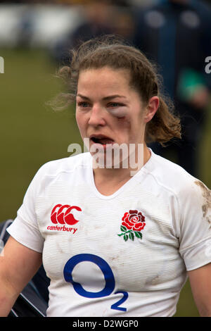 Emma Croker England Rugby-Hooker mit einem blauen Auge 2.2.2013, Esher, England V Schottland Frauen Rugby Six Nations. Stockfoto