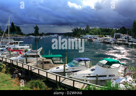 Sportboote im Yachthafen an der Spitze des Waikato River am Lake Taupo Stockfoto