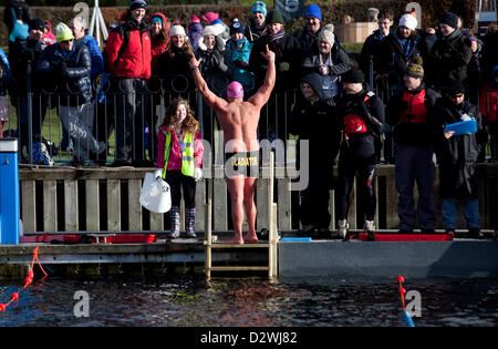 See-Windemere, Cumbria, UK. 2. Februar 2013. Chillswim Veranstaltung in Lake Windermere, Lake District. Menschen antreten in kaltem Wasser schwimmen Rennen. Stockfoto