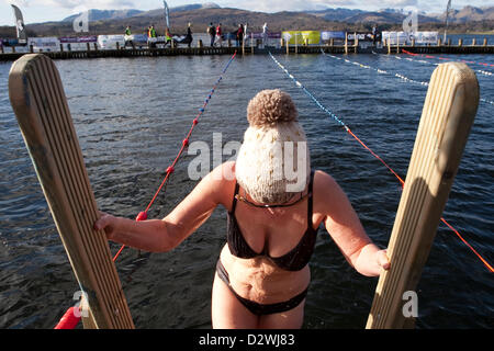 See-Windemere, Cumbria, UK. 2. Februar 2013. Chillswim Veranstaltung in Lake Windermere, Lake District. Menschen antreten in kaltem Wasser schwimmen Rennen. Sharon Harris. Stockfoto