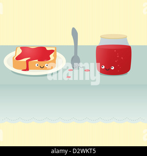 Illustration von Schnittbrot Löffel und Glas Marmelade im Chat auf dem Küchentisch. Stockfoto