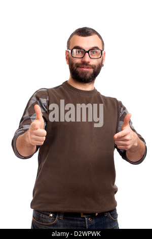 Junger Mann mit Bart Punkte auf dich Stockfoto