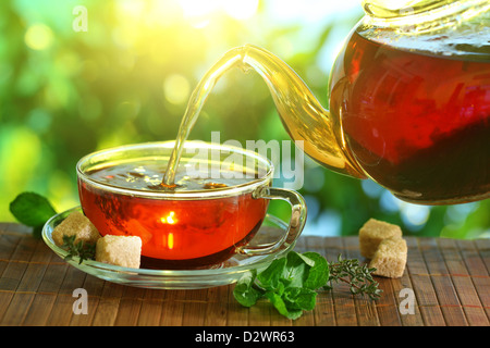 Gießen Tee aus einer Teekanne in eine Tasse auf einem unscharfen Hintergrund der Natur. Stockfoto