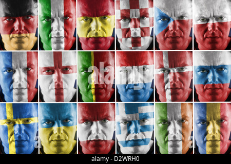 Collage aus Sport Fan Gesichter gemalt in großes europäisches Land Nationalflagge Farben Stockfoto