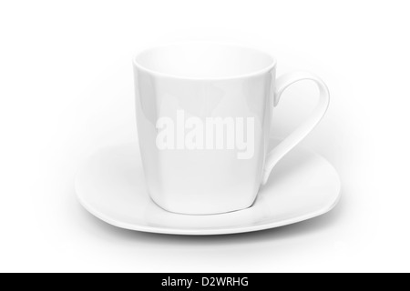 Weiße Keramik Tasse auf Untertasse vor weißem Hintergrund Stockfoto