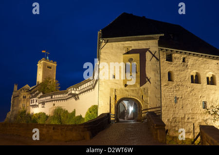 Eingang des Wartburg Castle bei Nacht, UNESCO-Weltkulturerbe, Eisenach, Thüringen, Deutschland, Europa Stockfoto