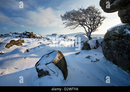 Blick vom Holwell Tor zum Sattel Tor auf Dartmoor im Schnee Stockfoto