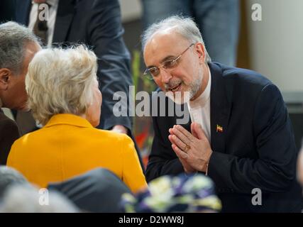 Iranische Außenminister Ali Akbar Salehi, plaudert mit US-Politiker Jane Margaret Harman am dritten Tag der 49. Münchner Sicherheitskonferenz in München, 3. Februar 2013. Rund 400 Vertreter aus über 90 Ländern nehmen an der Konferenz in München vom 01. bis 3. Februar 2013 Teil. Foto: MARC Müller/Alamy Live-Nachrichten Stockfoto