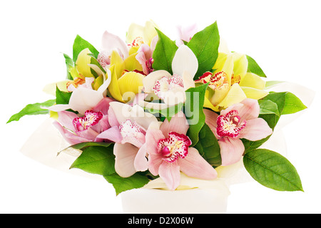 bunten Blumenstrauß von Orchideen Anordnung Herzstück in Vase isoliert auf weißem Hintergrund Stockfoto