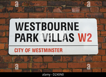 Straßenname Zeichen für Westbourne Park Villen, Westminster, London, england Stockfoto