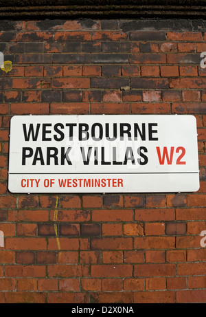 Straßenname Zeichen für Westbourne Park Villen, Westminster, London, england Stockfoto