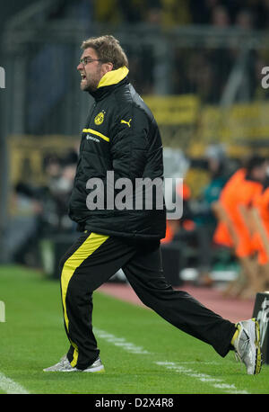 03.02.2013. Leverkusen, Deutschland.  Dortmunds Trainer Juergen Klopp ruft während der deutschen Bundesliga-Fußballspiel zwischen Bayer Leverkusen und Borussia Dortmund in der BayArena in Leverkusen, Deutschland Stockfoto