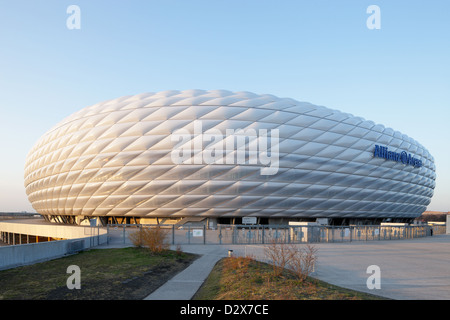 München, Deutschland, der Allianz Arena bei Sonnenuntergang Stockfoto