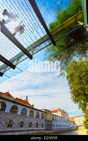 Mesarski Brücke, bekannt als Fleischer Brücke und Central Market, Ljubljana, Slowenien Stockfoto