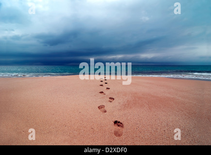 Großer Sturm mit Wolken über Spuren im weichen Sand in den Ozean, Papohaku Beach, Molokai, Hawaii, USA, Pazifik Stockfoto