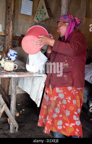 Die Frau im Camp bereitet Kumys auf traditionelle Weise Stockfoto