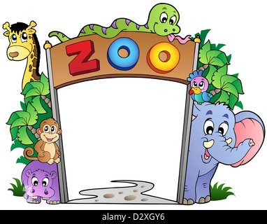 Zoo-Eingang mit verschiedenen Tieren - farbigen Illustration. Stockfoto