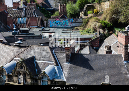 Ansichten aus der Tyne Brücke über die Dächer und Kai und Seite Newcastle Upon Tyne, Tyne and Wear, UK Stockfoto