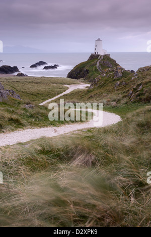Ein gewundener Pfad führt bis zum Leuchtturm am Rande von Llanddwyn Island, Anglesey, Wales. Stockfoto