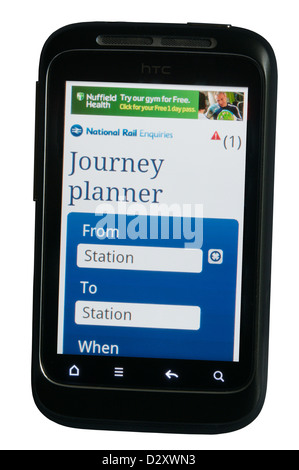 Nationale Schiene Anfragen Reiseplaner Website app auf dem Handy angezeigt. Stockfoto